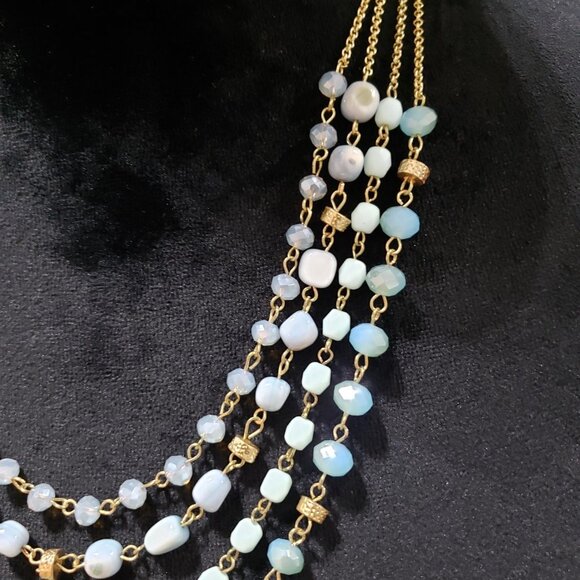 Womens Turquoise Beads Metallic Gold Cord Necklace with Earrings - Picture 3 of 7